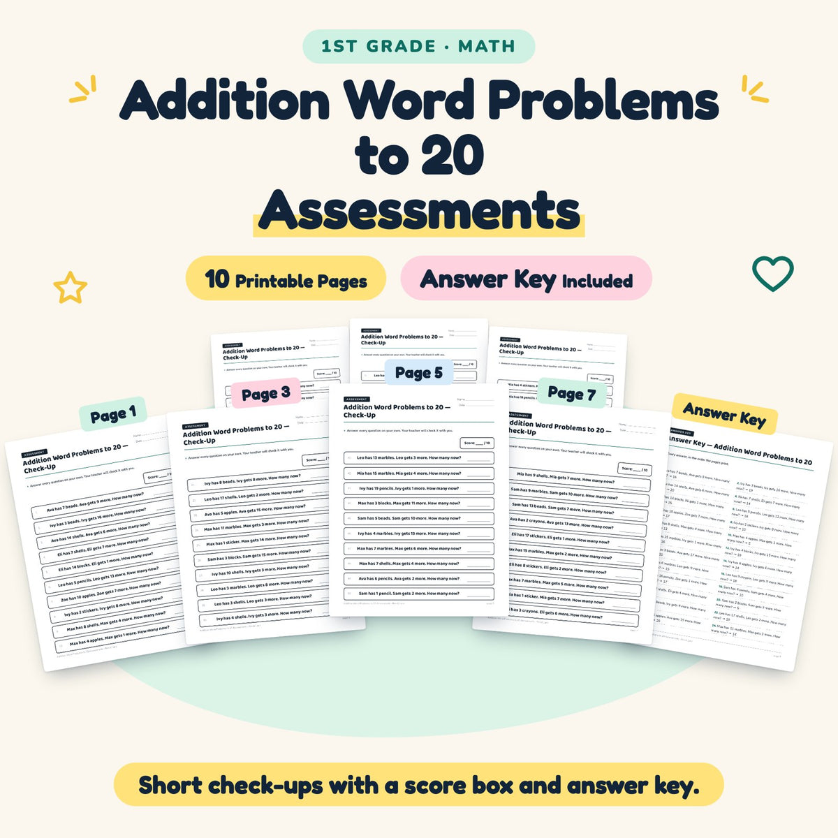 Addition Word Problems to 20 Assessments | 1st Grade Math — cover