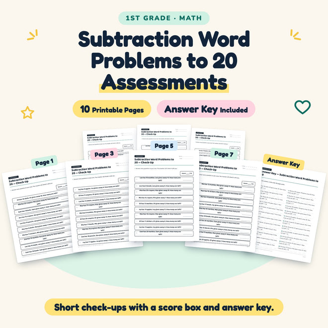 Subtraction Word Problems to 20 Assessments | 1st Grade Math — cover