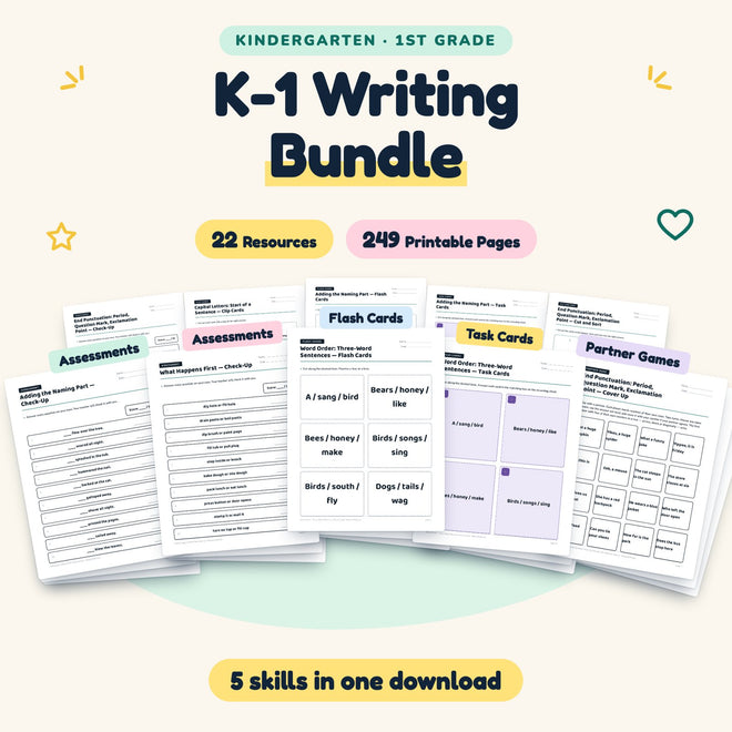 K–1st Grade Writing Worksheets MEGA BUNDLE (22 Resources) — cover