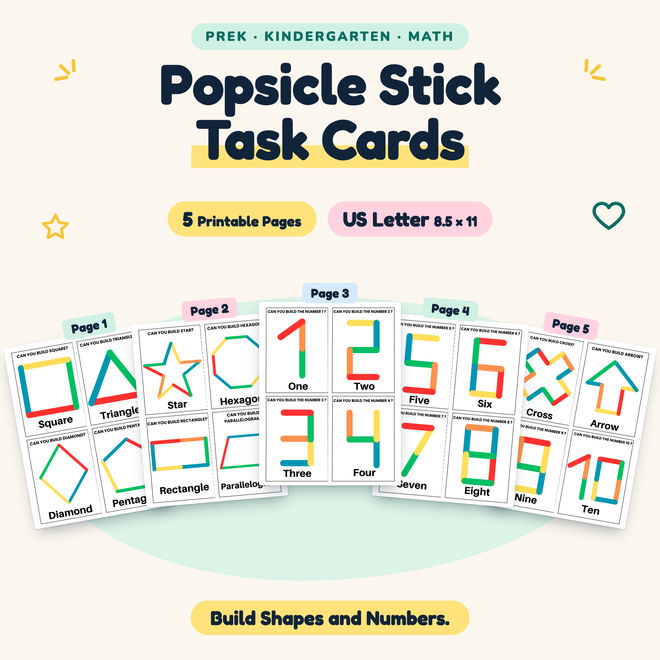 Popsicle Stick Task Cards — Build Shapes and Numbers, PreK–K — cover
