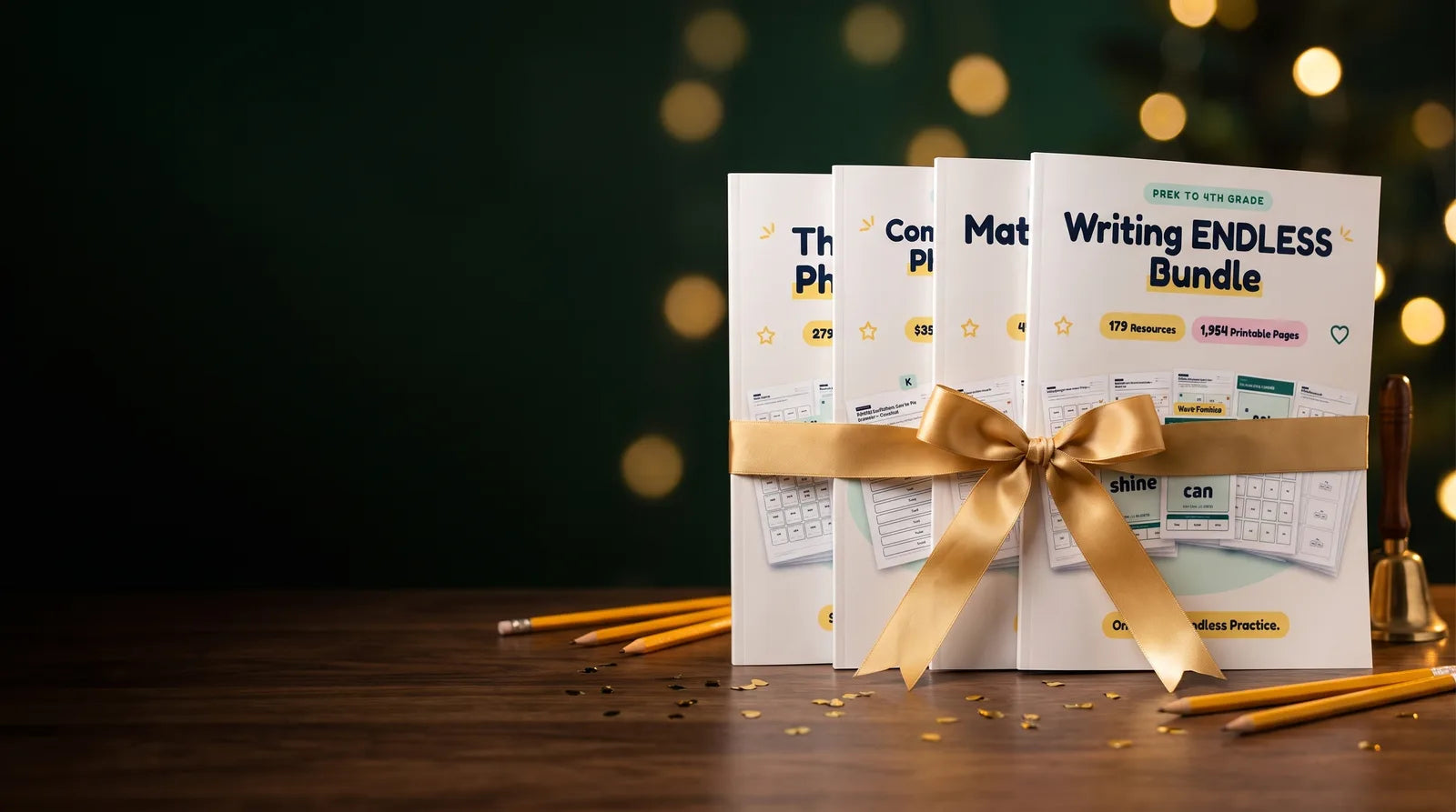 Pencil Lane bundles tied with a gold ribbon